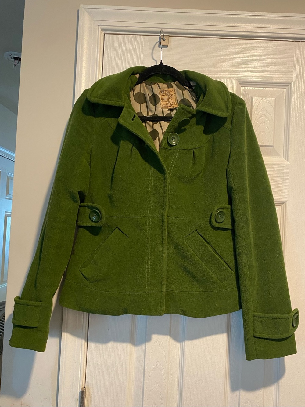Tulle Olive Green Pea Coat with Buttoned Waist Tabs